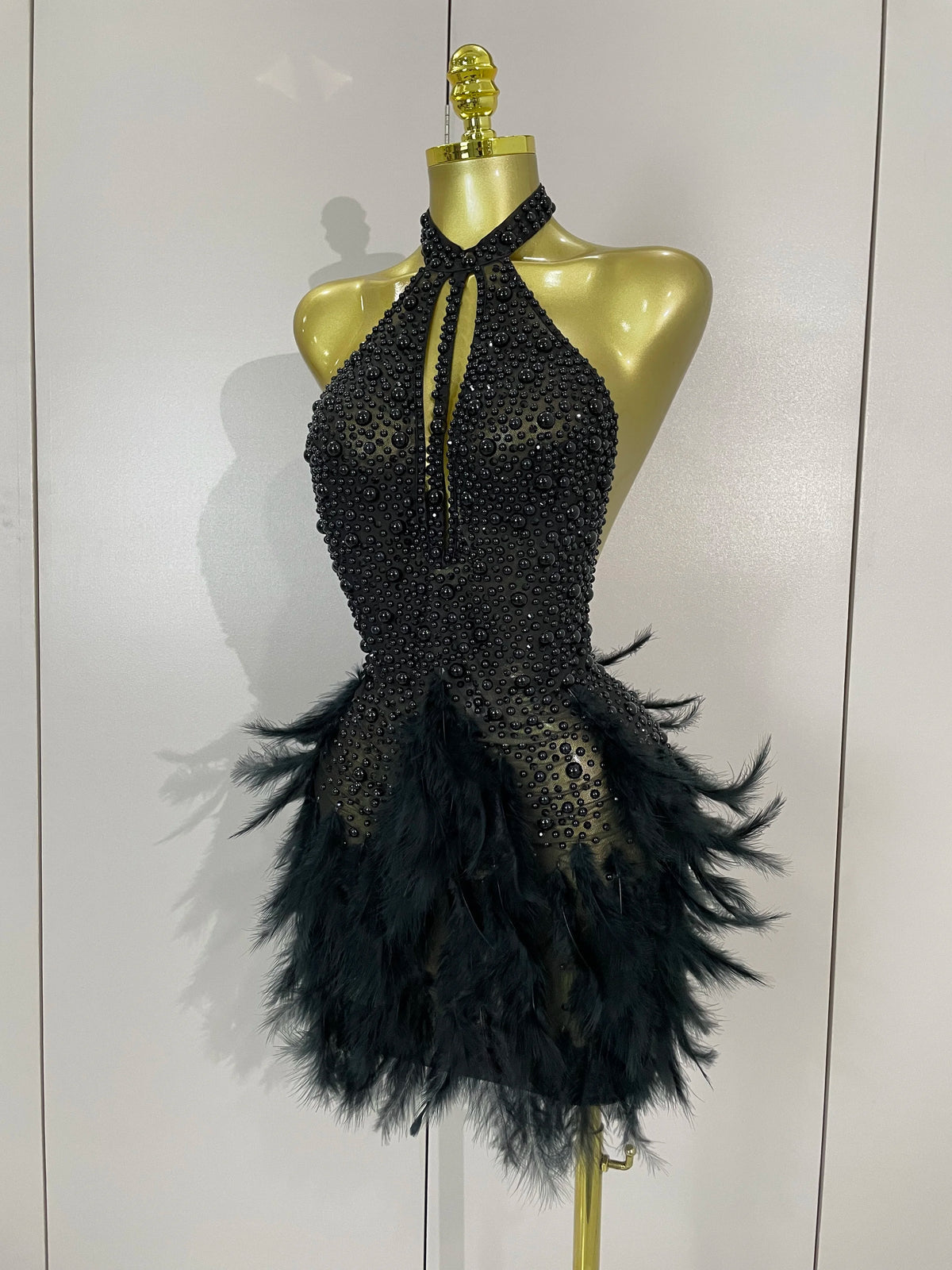 Luxury Rhinestones Pearls Feathers Halter Backless Dress