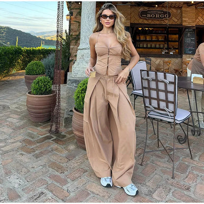 Corset Cami Two Piece Set with Pleated Wide Leg Pants