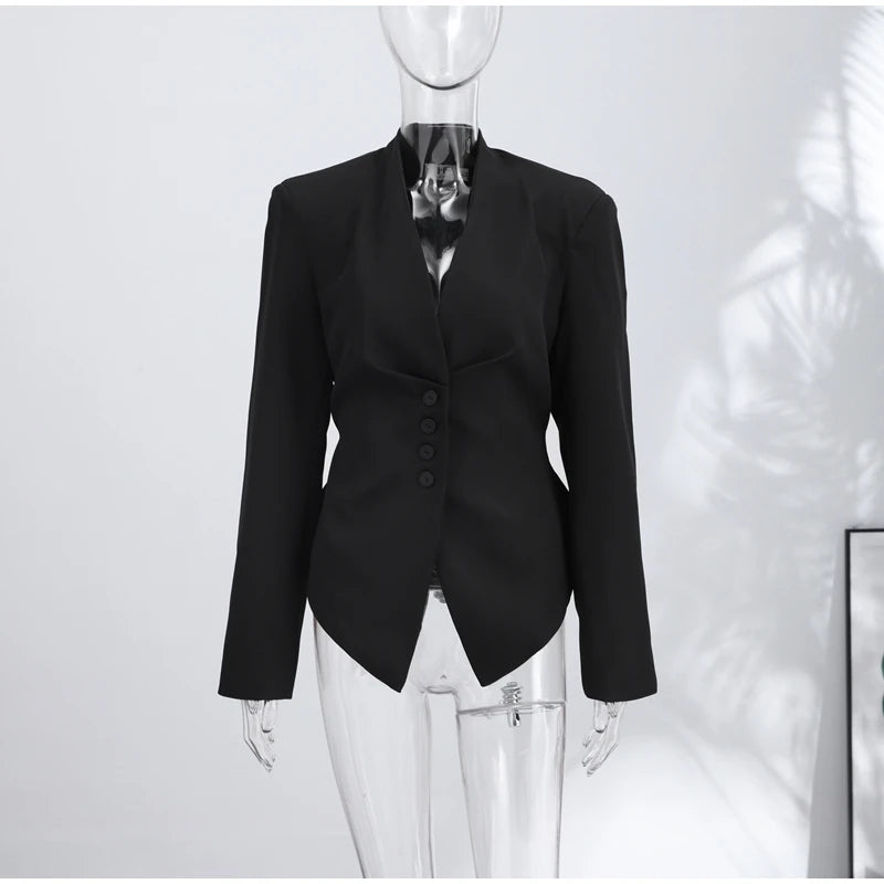Chic Waist Cinched Women's Blazer Coat with Stand Collar