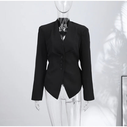 Chic Waist Cinched Women's Blazer Coat with Stand Collar