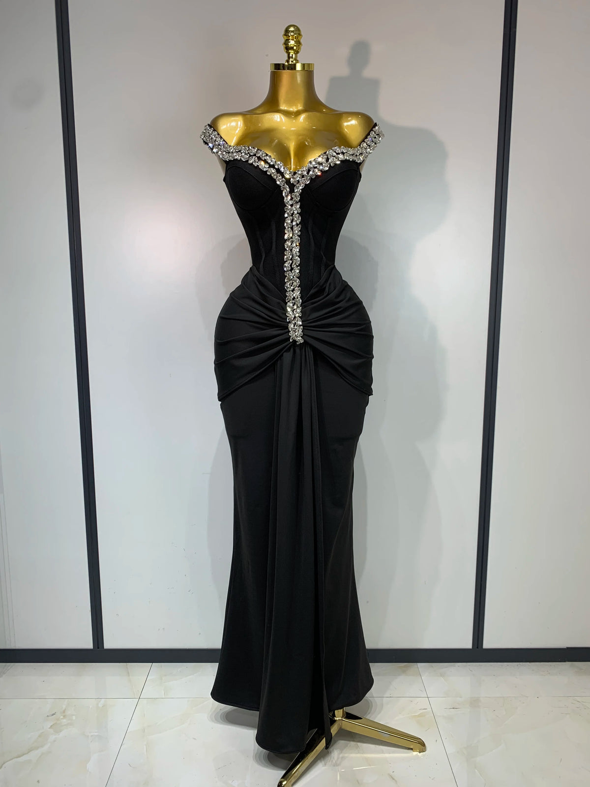 Black Off Shoulder Bodycon Dress with Diamonds