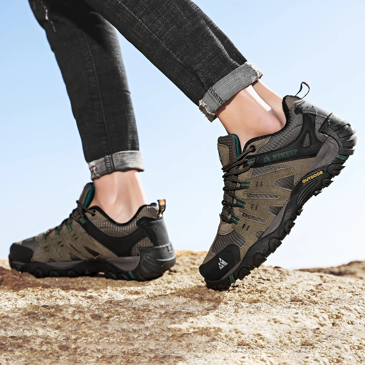 HIKEUP Men's Suede Leather Hiking Shoes Black Gray Khaki
