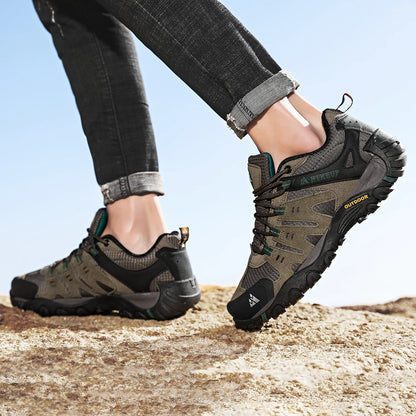HIKEUP Men's Suede Leather Hiking Shoes Black Gray Khaki