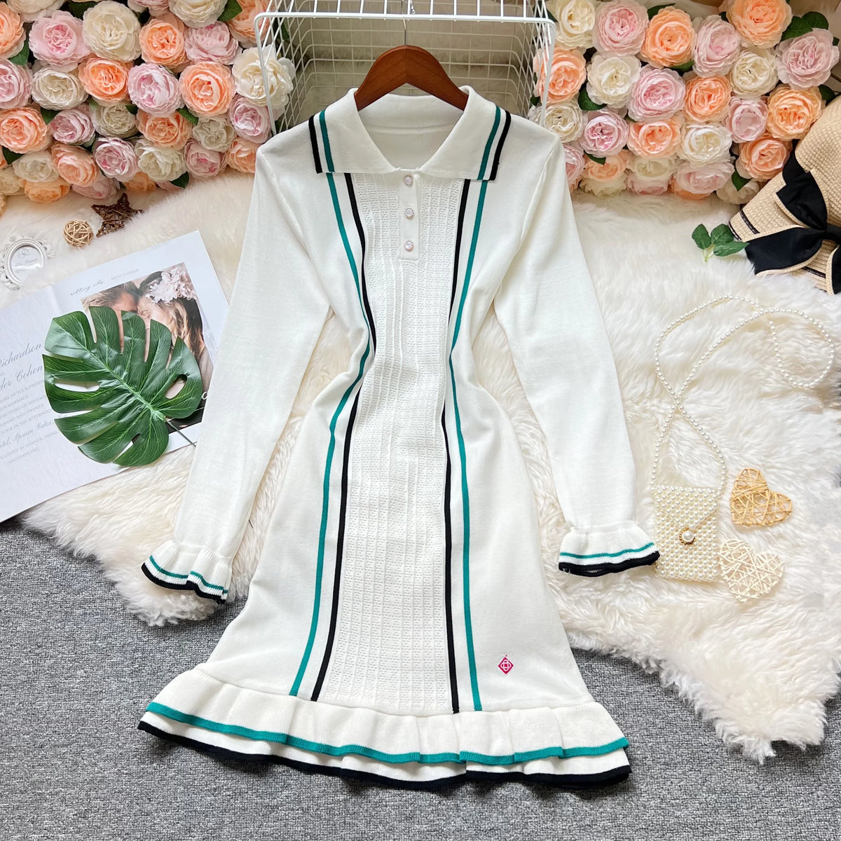 Knitted Mini Dress with Ruffles and Turn-Down Collar