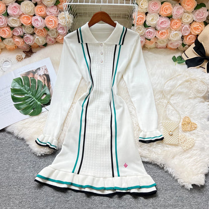 Knitted Mini Dress with Ruffles and Turn-Down Collar