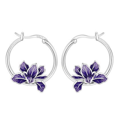 S925 Sterling Silver Iris Flower Hoop Earrings for Women