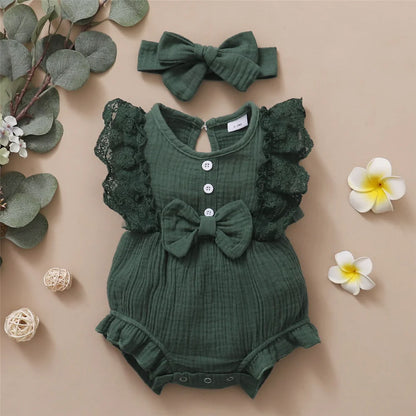 Newborn Girls Solid Color Lace Edge Romper and Headband
