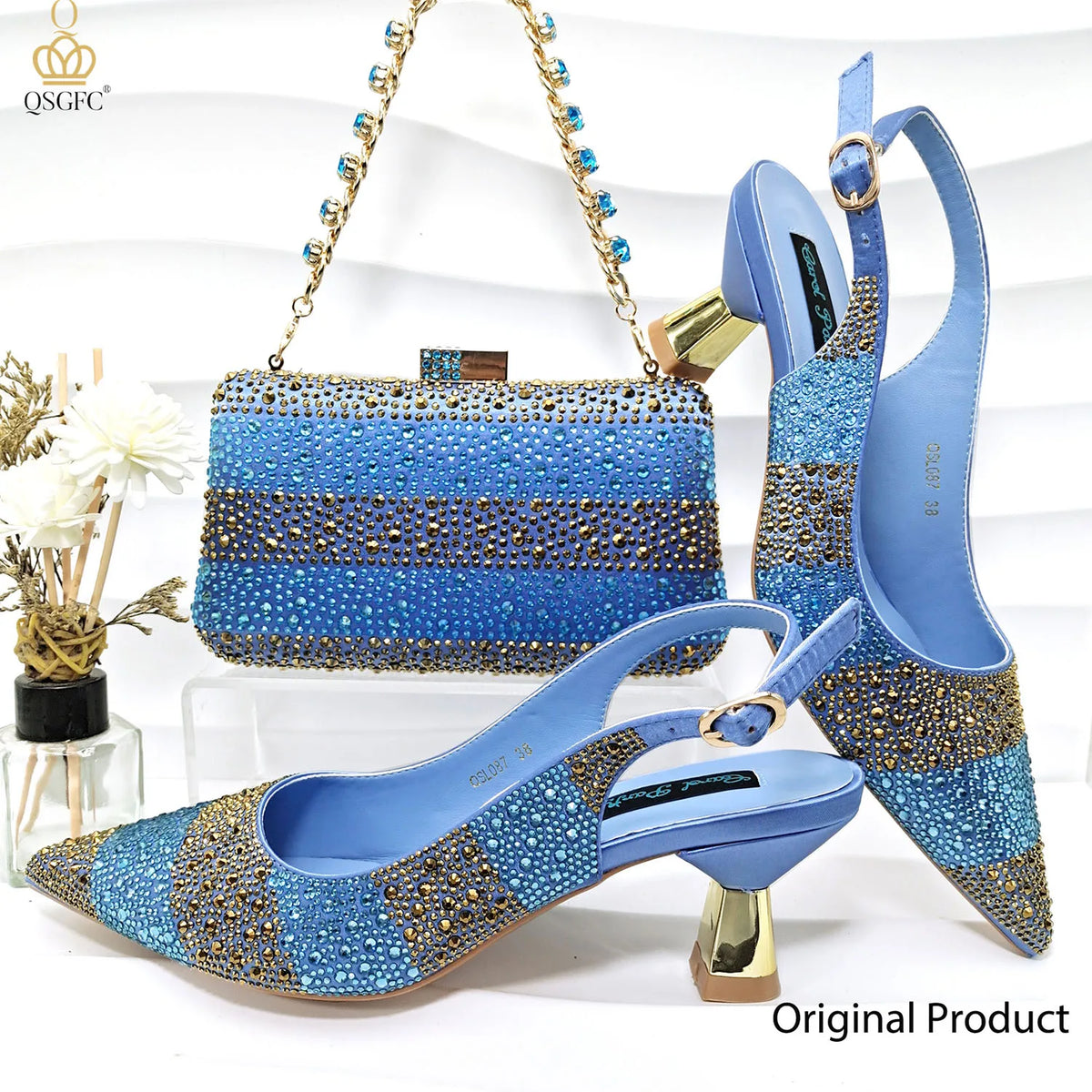 Italian Luxury Green Rhinestone Shoes and Bag Set