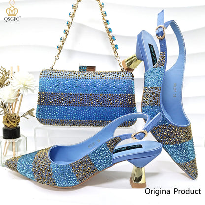 Italian Luxury Green Rhinestone Shoes and Bag Set