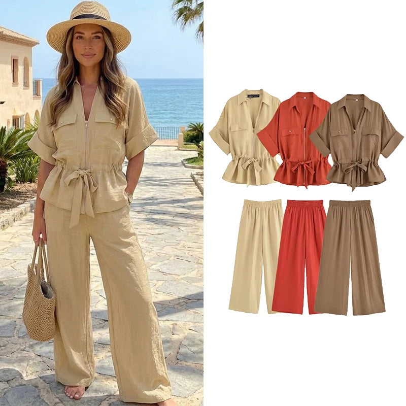 Willshela Women's Vintage 2 Piece Zipper Shirt and Trousers Set