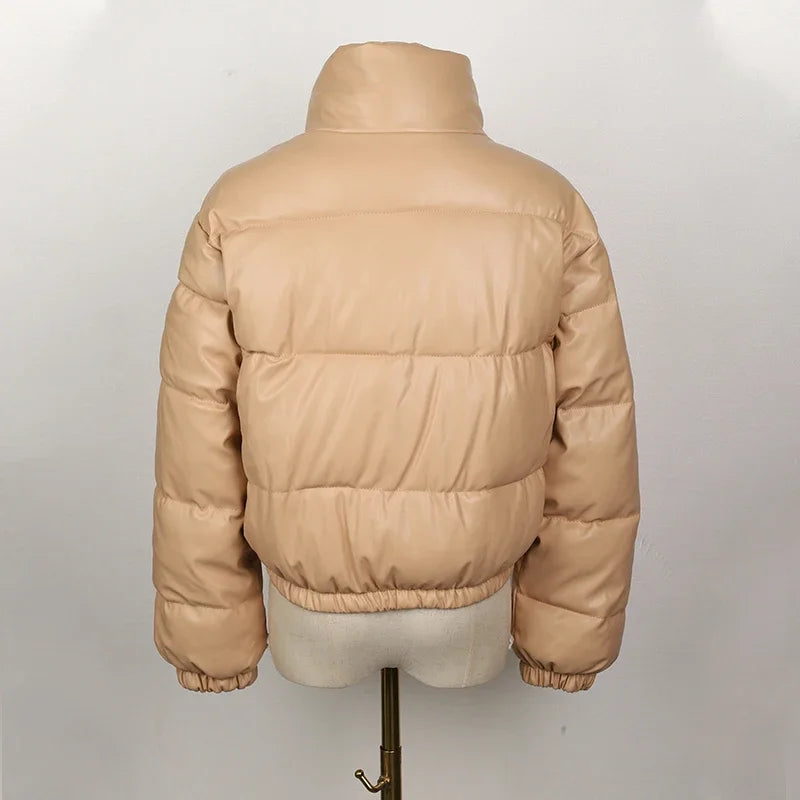 Black PU Leather Women's Winter Parka Jacket