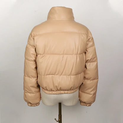 Black PU Leather Women's Winter Parka Jacket