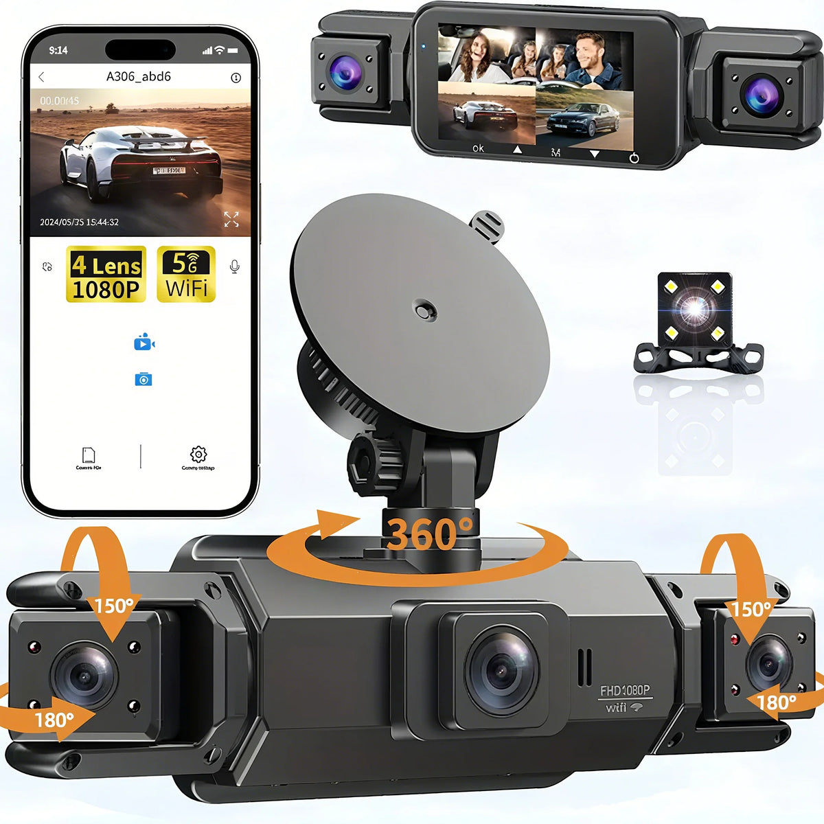 4 Channel WiFi Car DVR Dashcam with 360 Degree Recording