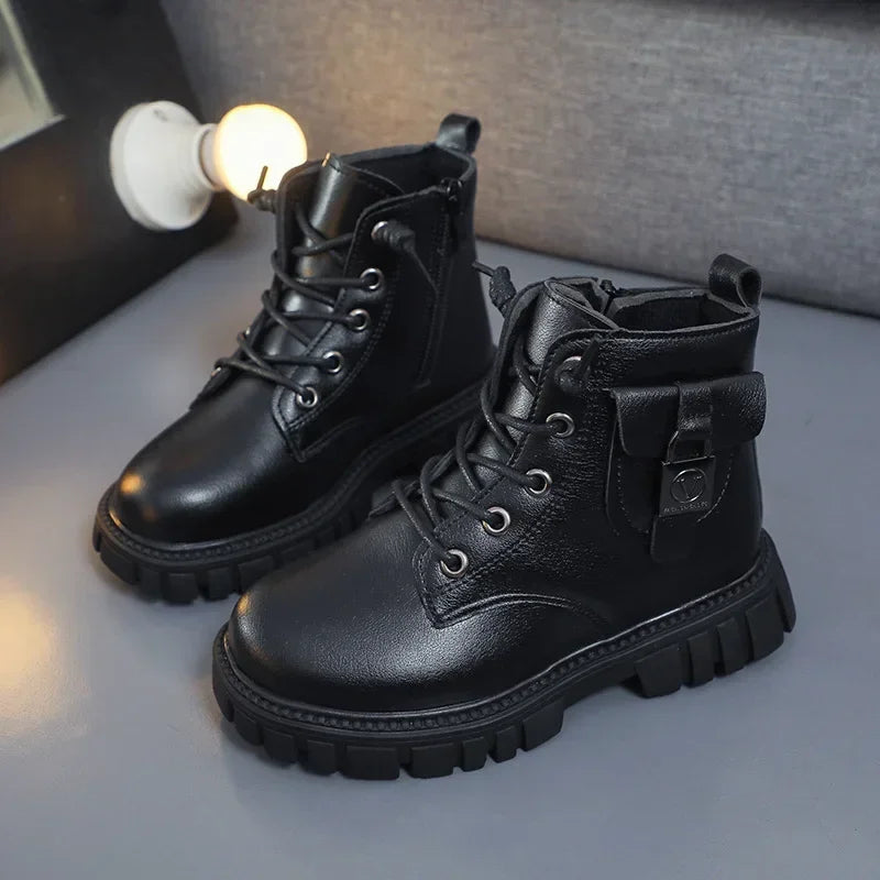 Girls PU Leather Ankle Boots with Anti-slip Sole