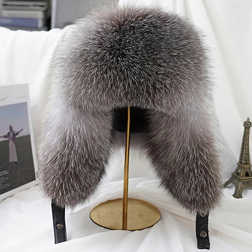 Men's Real Silver Fox Fur Bomber Hat