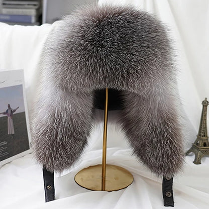 Men's Real Silver Fox Fur Bomber Hat