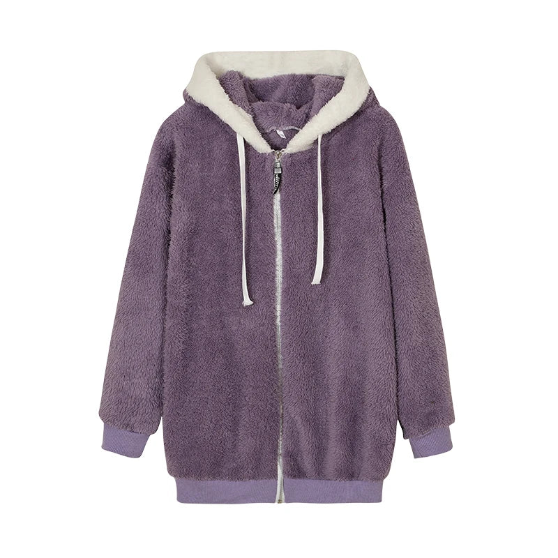 Loose Plush Zipper Hooded Jacket for Women