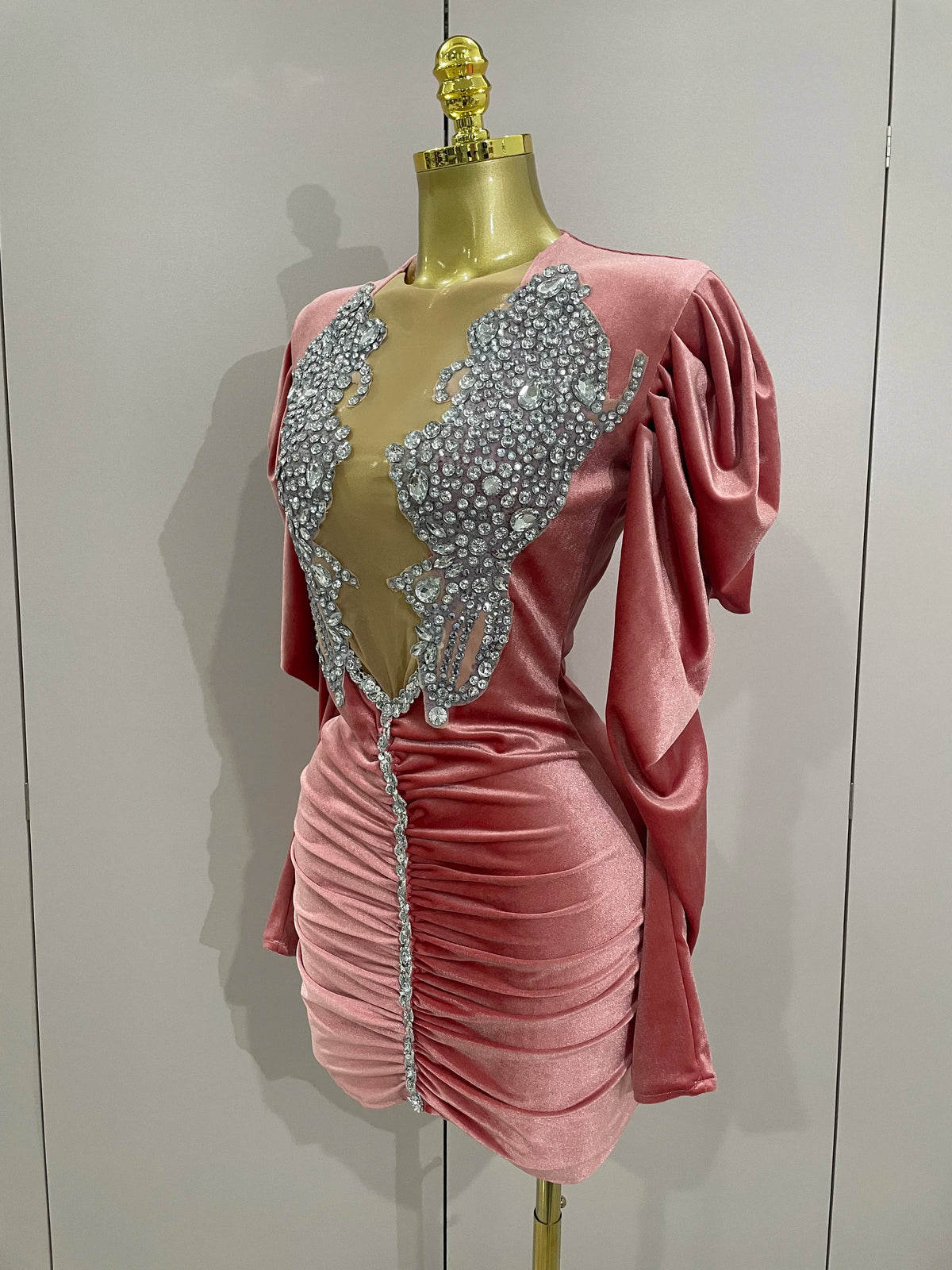 White Velvet Sexy Mesh Short Dress with Crystals