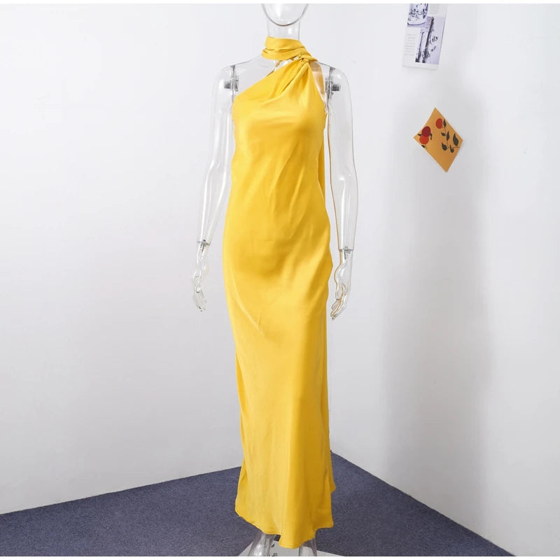 Elegant Halter Dress Women Solid Backless Maxi Dress