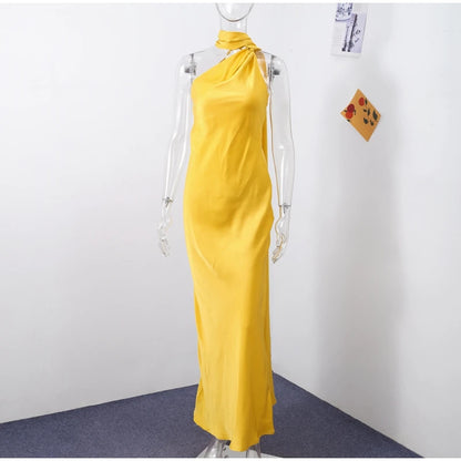 Elegant Halter Dress Women Solid Backless Maxi Dress