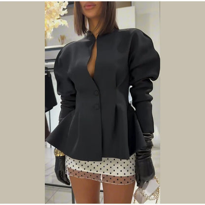 Chic Waist Cinched Women's Blazer Coat with Stand Collar