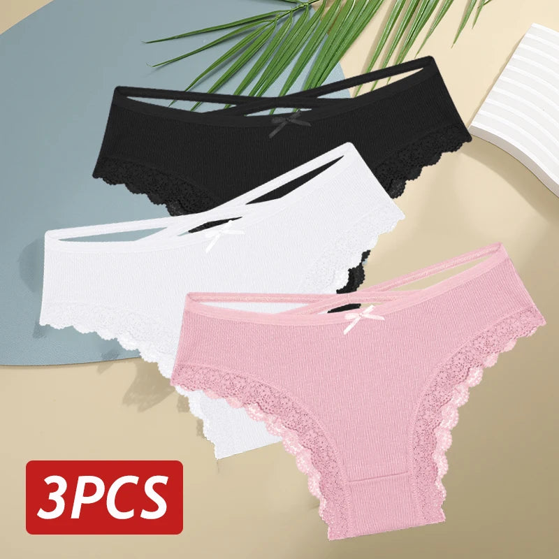 3PCS Women Cotton Lace Brazilian Panties Set S-XL
