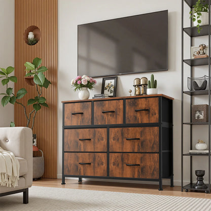 JHK Modern Wooden Dresser with 7 Fabric Drawers