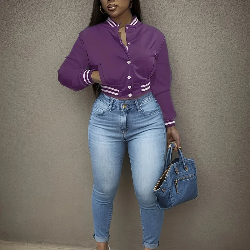 Women's Pure Color Single Breasted Baseball Jacket