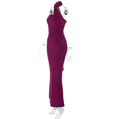 Hugcitar Halter Backless Ruched Bodycon Maxi Dress