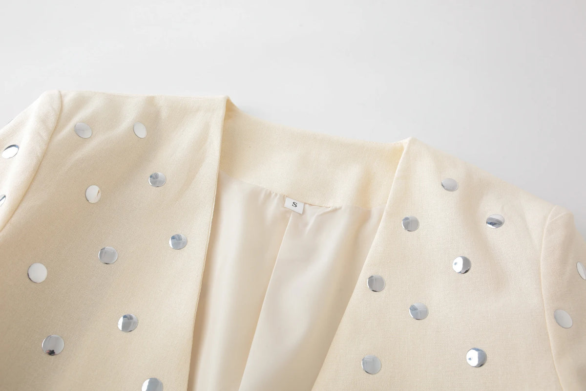 Beige Rivet Decoration Casual Blazer for Women