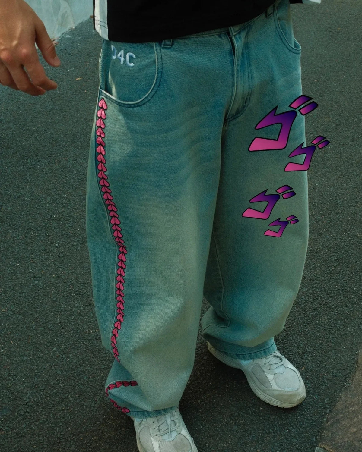 Y2K High Waist Baggy Jeans with Pink Heart Embroidery
