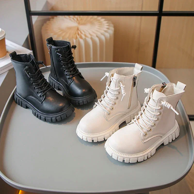 Girls Black Leather Ankle Boots with Thick Sole