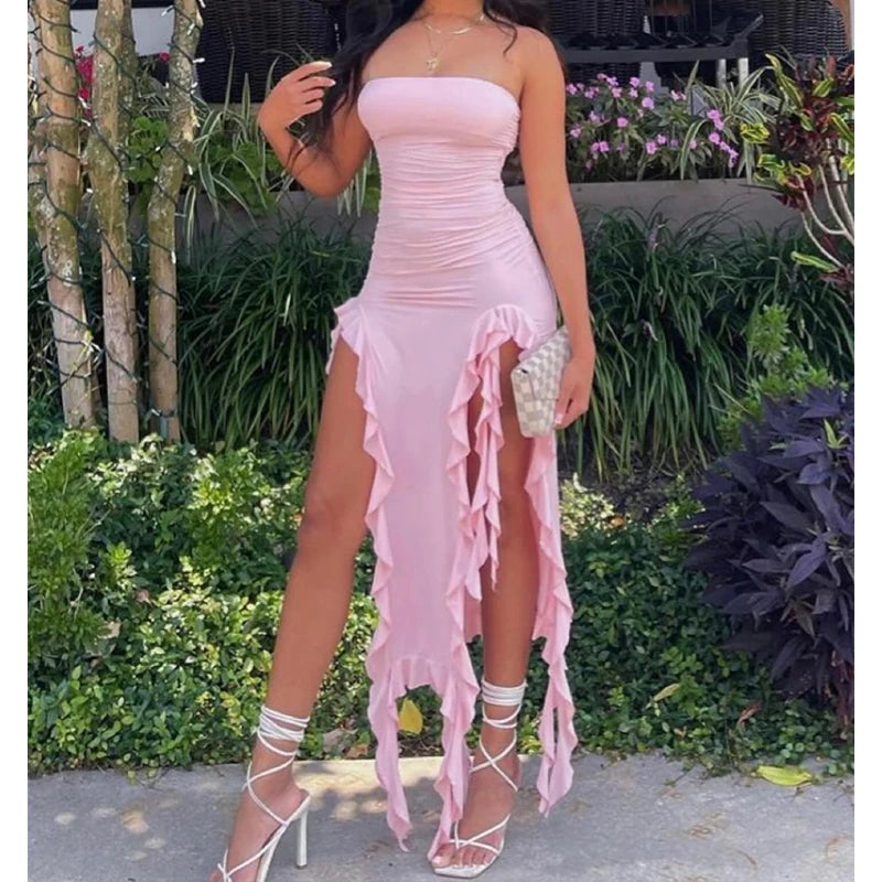 Women Strapless Floral High Slit Mini Dress Black Pink