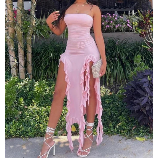 Women Strapless Floral High Slit Mini Dress Black Pink