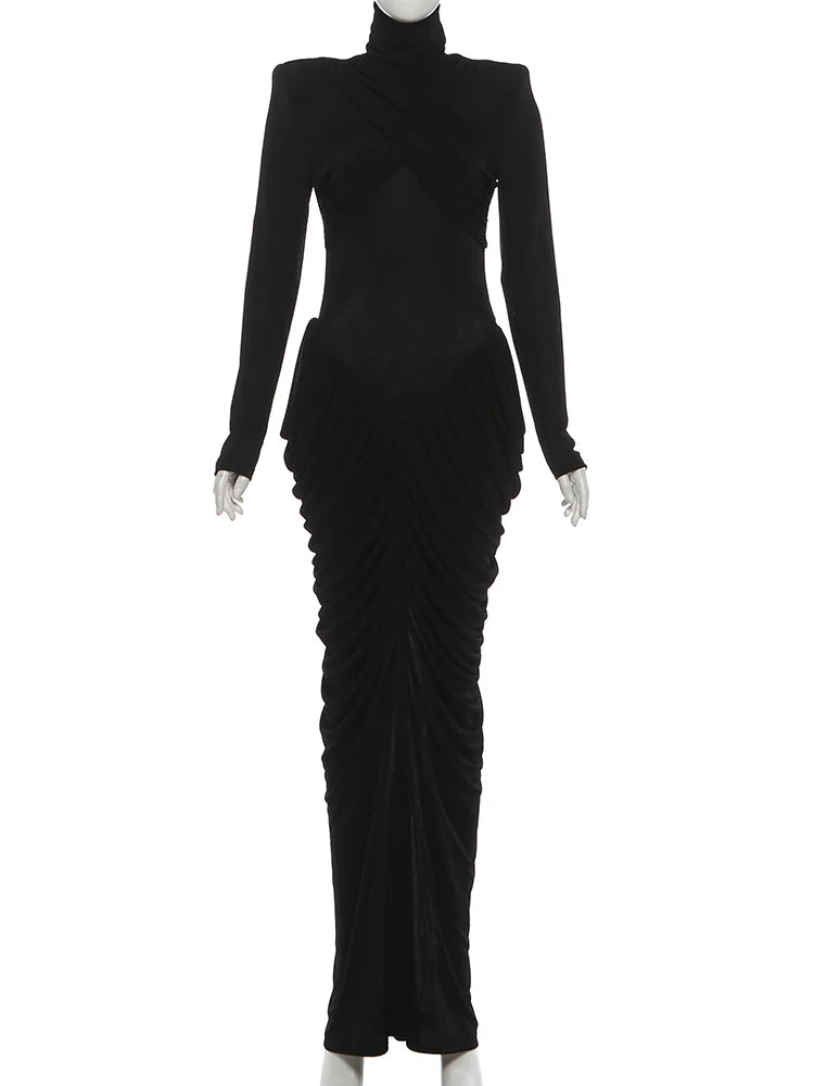 Maxi Dress Women Turtleneck Full Sleeve Backless