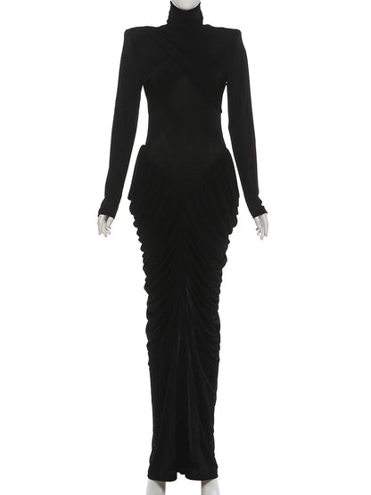 Maxi Dress Women Turtleneck Full Sleeve Backless
