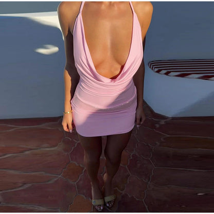 Elegant Fishbone V-neck Mini Dress Women Sleeveless Polyester