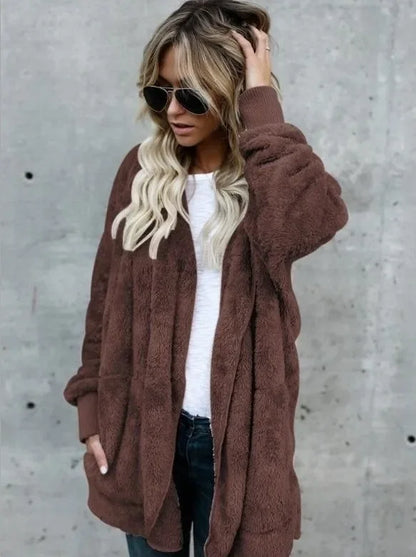 Winter Fleece Cardigan Jacket Women Hooded Outerwear