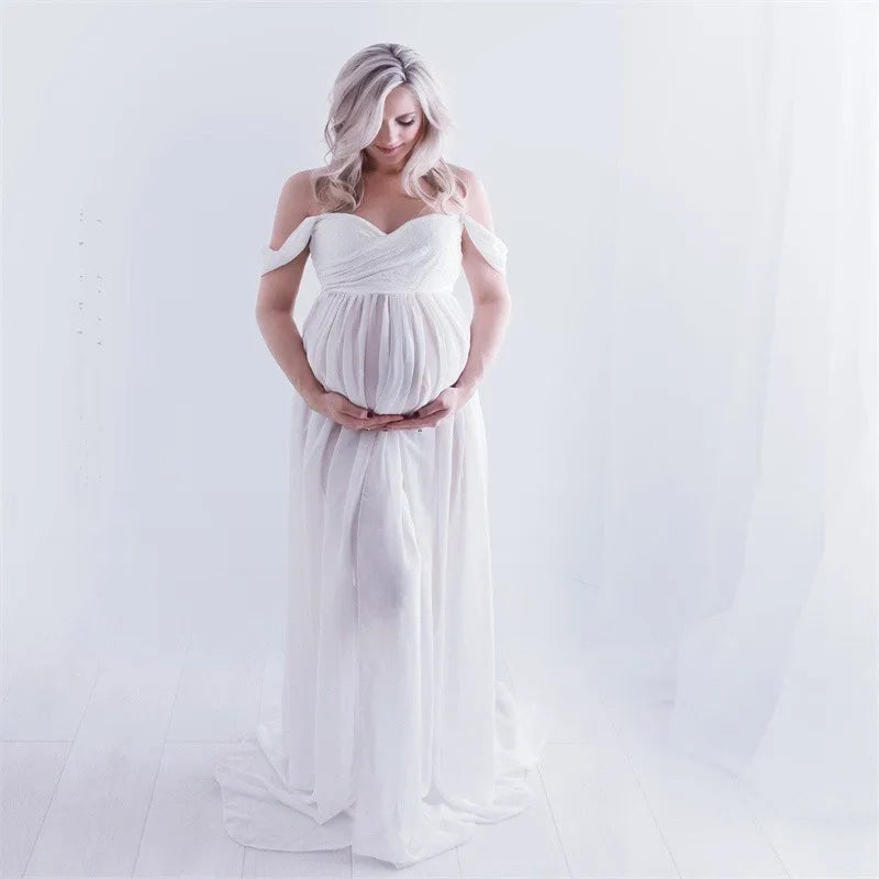 Maternity Lace Chiffon Front Split Dress in Coral Color
