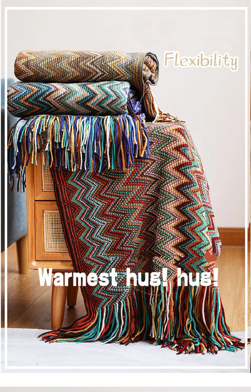 Bohemian Acrylic Hand Knitted Blanket with Tassels