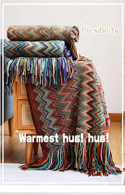Bohemian Acrylic Hand Knitted Blanket with Tassels