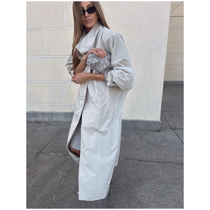 Khaki Long Color-block Stripe Trench Coat for Women