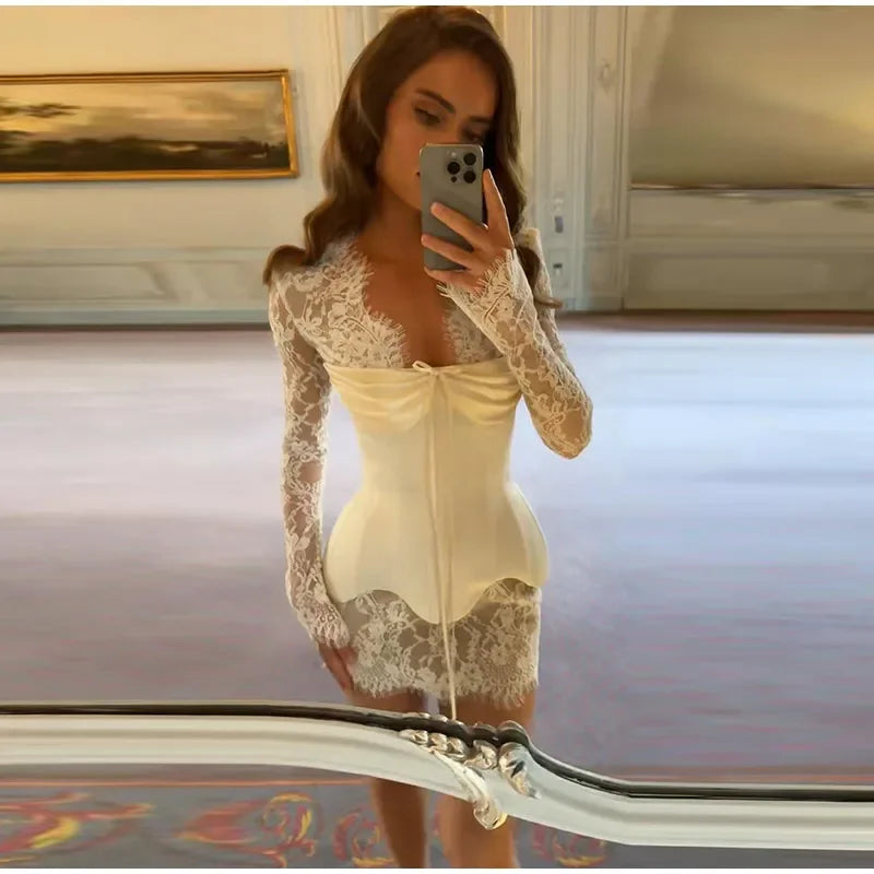 Lace Mini Dress for Women with Corset and Long Sleeves