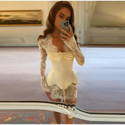 Lace Mini Dress for Women with Corset and Long Sleeves