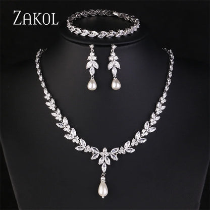 ZAKOL Brilliant Zirconia Leaf Jewelry Set for Women