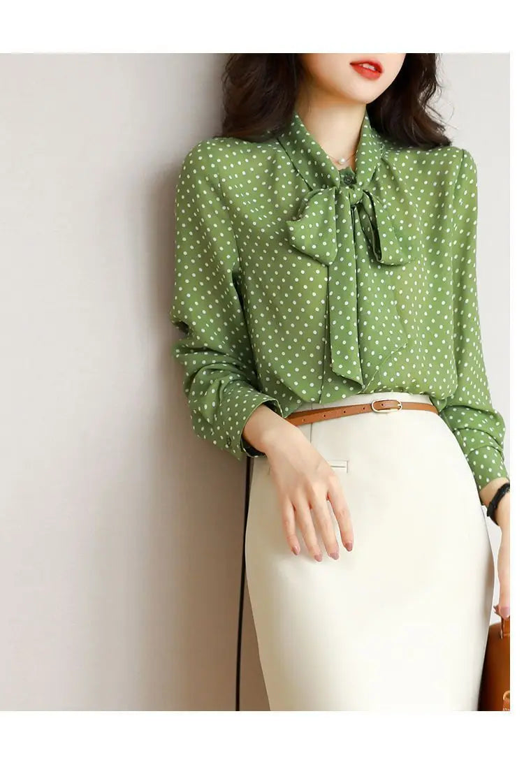 Shawl Collar Long Sleeve Blouse Women Polka Dot Cardigan