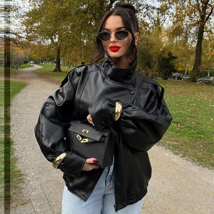 Women's Black Leather Bomber Jacket Zip-Up
