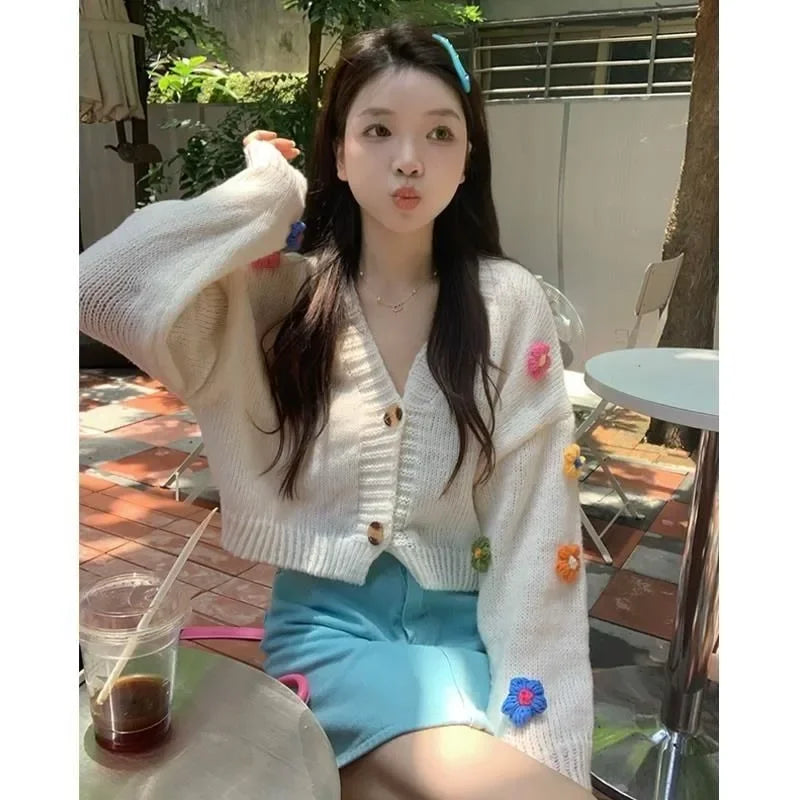 Applique Flower V-Neck Knit Cardigan for Women