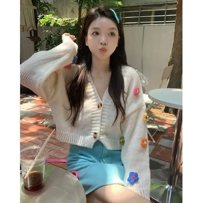 Applique Flower V-Neck Knit Cardigan for Women