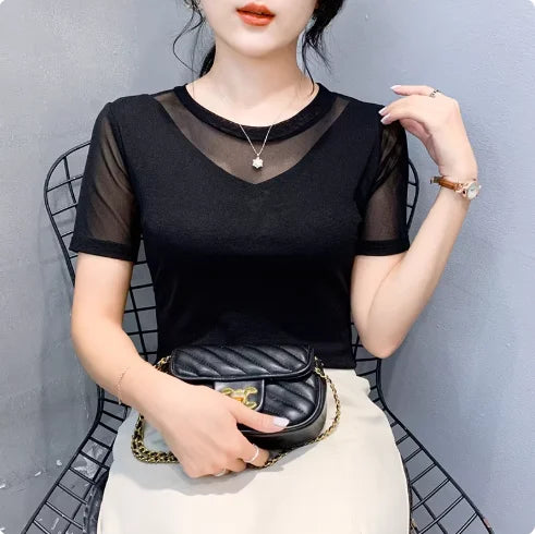Women Slim Fit Long Sleeve Mesh T-Shirt